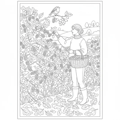 A autumn hedgerow scene with a person gathering sloe coloring page
