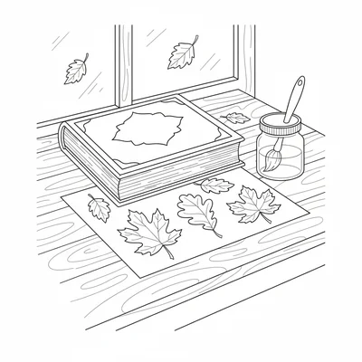 A simple autumn leaf pressing scene on a table with several picked leaves laid coloring page