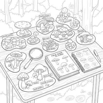 A autumn mushroom and fungi display on a wooden table with a dozen varieties coloring page