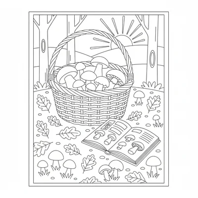 A simple autumn mushroom foraging scene with a wicker basket on a forest floor coloring page