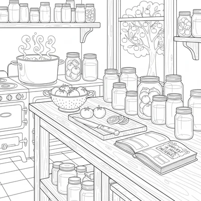 A autumn preservation kitchen scene with a long wooden counter holding rows coloring page