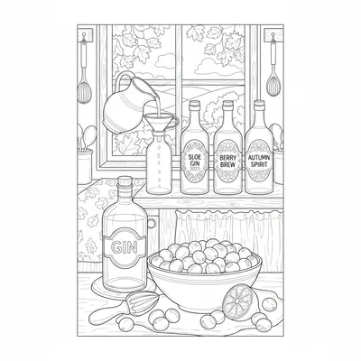 A autumn sloe gin making scene in a cottage kitchen with a bowl of dark sloe coloring page