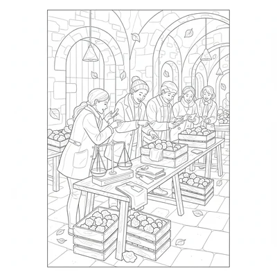 A autumn truffle market scene with simple rough wooden crates of fresh autumn coloring page