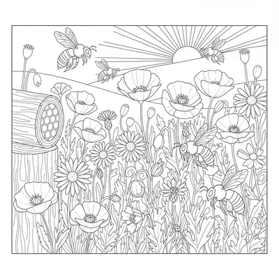 A bee-and-flower ecosystem scene with a large central wildflower meadow section coloring page