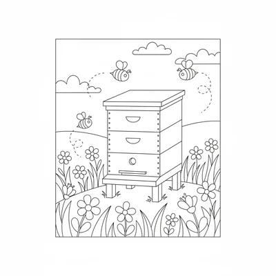 A simple beekeeping scene with a wooden beehive box on a stand in a flower coloring page