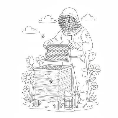 A simple beekeeping scene with a wooden hive on a stand in a flower meadow coloring page