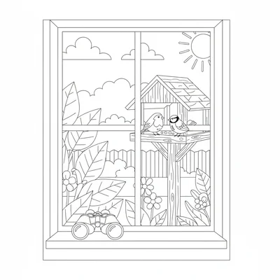 A simple bird watching scene from a kitchen window: a window frame with a clear coloring page