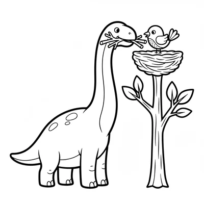 A Brachiosaurus helping a small bird build a nest at the top of a tree by holdi… coloring page