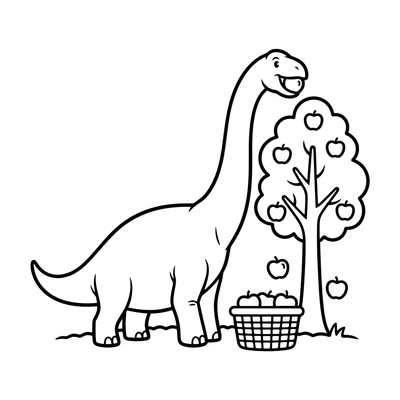 A Brachiosaurus in a garden gently picking apples from a tall tree with its mou… coloring page