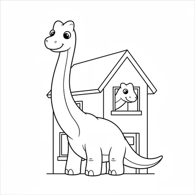 A Brachiosaurus reaching its long neck through the upper window of a simple two… coloring page