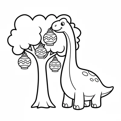 A Brachiosaurus using its long neck to hang simple round lanterns on the branch… coloring page