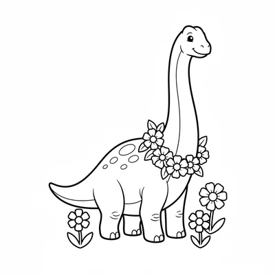 A Brachiosaurus wearing a simple floral wreath around its long neck like a neck… coloring page