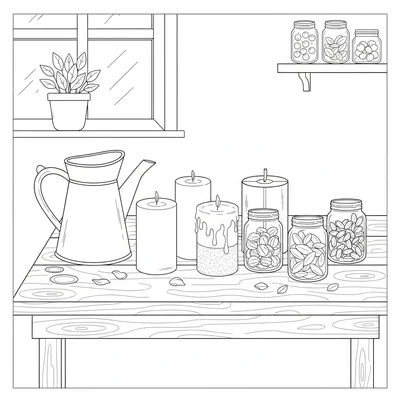 A simple candle-making scene on a wooden table with several pillar candles coloring page