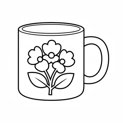 A simple ceramic mug viewed from the front with a looped handle on the side coloring page