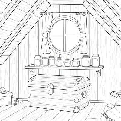 A cottage attic corner with a round window with a simple curtain, a wooden coloring page