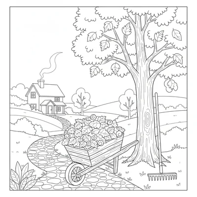A simple cottage autumn scene with a wheelbarrow full of fallen leaves coloring page