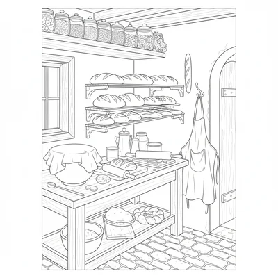A cottage baker's corner with a large flour-dusted wooden table, a row of bread coloring page
