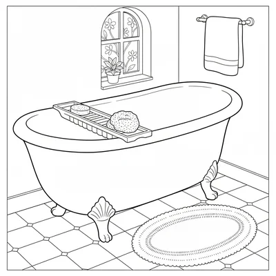 A cottage bathroom corner with a round clawfoot tub, a small caddy resting coloring page