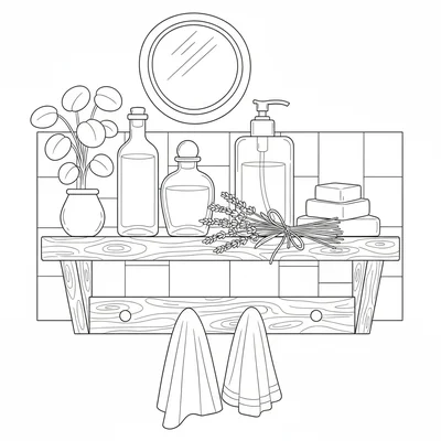 A simple cottage bathroom shelf with a row of glass bottles of different coloring page