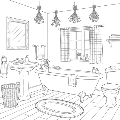 A cottage bathroom with a clawfoot tub in the center, a wooden-framed mirror coloring page