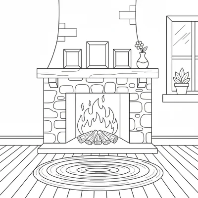 A cottage fireplace with a crackling fire inside the hearth, a simple mantel coloring page