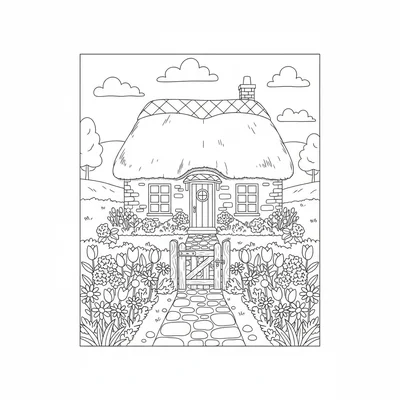 A cottage front garden with a straight path leading to the front door, two coloring page