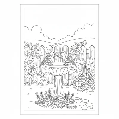 A simple cottage garden corner with a birdbath on a low pedestal, two starlings coloring page