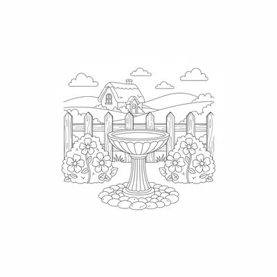 A cottage garden corner with a birdbath on a pedestal in the center, a ring coloring page