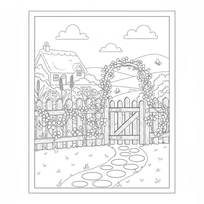 A cottage garden fence corner with a wooden gate, climbing vines with small coloring page