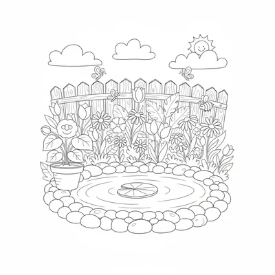A cottage garden pond corner with a small ornamental pond, a simple stone edge coloring page