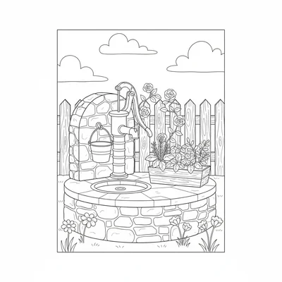 A cottage garden water pump set into a stone surround, with a bucket hanging coloring page