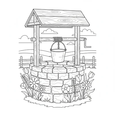 A cottage garden well with a stone base, wooden crossbar, and a metal bucket coloring page