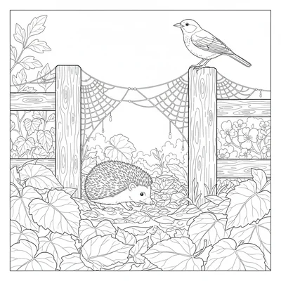 A cottage garden wildlife corner in early morning with dew on the cobweb strung coloring page