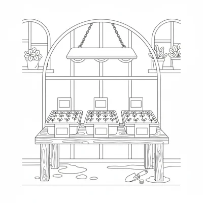 A cottage greenhouse seedling bench in early spring with trays of tiny emerging coloring page