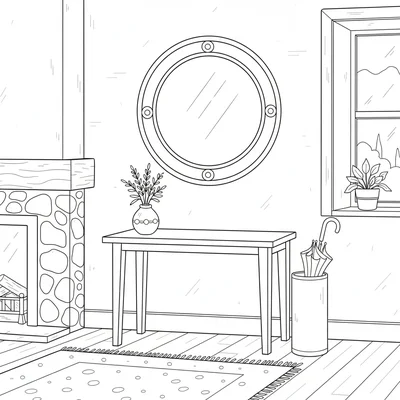 A simple cottage hall corner with a circular mirror above a narrow wooden coloring page