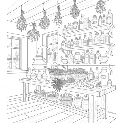 A cottage herb and spice still room interior with a long bench holding a copper coloring page