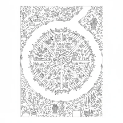 A cottage herb garden viewed from above, with a central round bed divided into coloring page