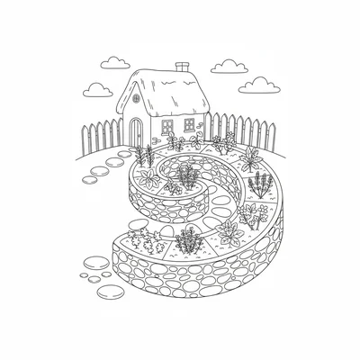 A simple cottage herb spiral garden built from stacked stones in a coiled snail coloring page