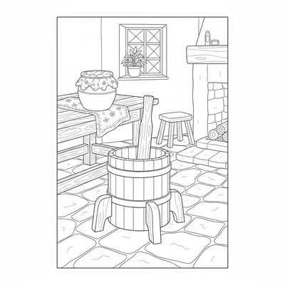 A simple cottage indoor scene with a butter churn on a stone kitchen floor coloring page