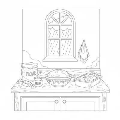 A cottage kitchen bread-baking sequence shown in a single scene: a bag of flour coloring page