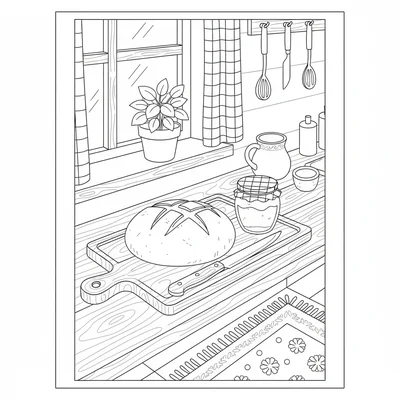 A cottage kitchen counter with a wooden bread board holding a loaf of bread coloring page