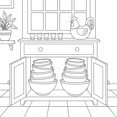 A cottage kitchen dresser lower cabinet with two doors ajar showing the inside coloring page