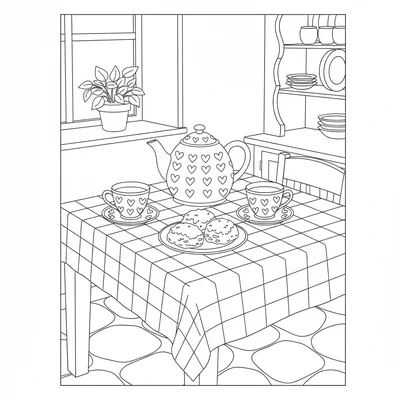 A cottage kitchen table set for afternoon tea with a teapot, two teacups coloring page