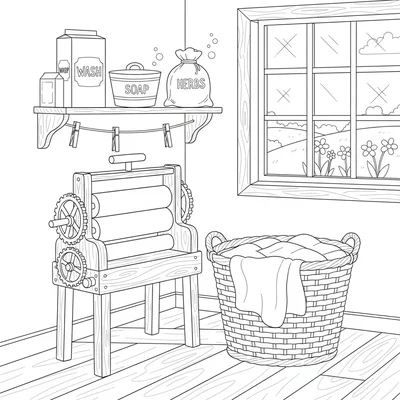 A cottage laundry room corner with a wooden mangle wringer on a stand, a basket coloring page
