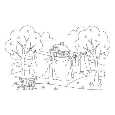 A simple cottage laundry scene with a washing line strung between two apple coloring page