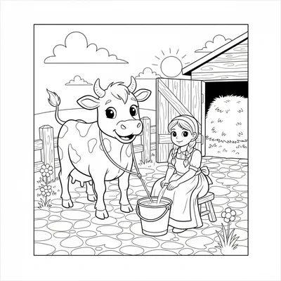 A simple cottage morning scene with a dairy cow tethered in a simple yard coloring page