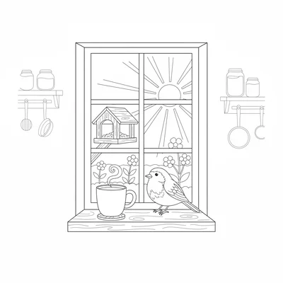 A simple cottage morning scene with a windowsill bird feeder just outside coloring page