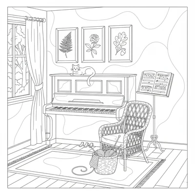 A cottage music room with an upright piano against one wall, a music stand coloring page