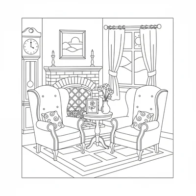 A cottage parlor corner with a small round side table bearing a framed coloring page