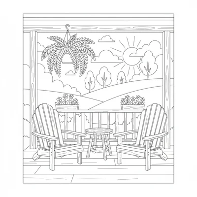 A cottage porch with two wooden chairs facing a railing, a round side table coloring page